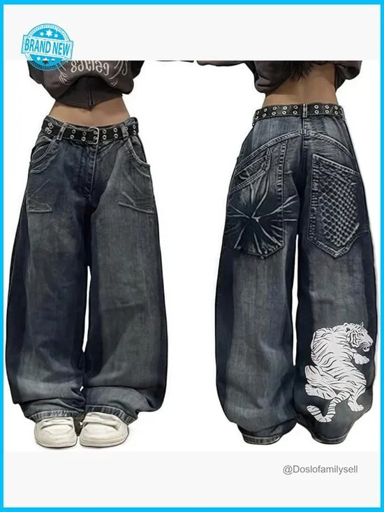 Unisex Y2K Graphic Print Baggy Jeans High Waist Wide Leg Streetwear Denim - Picture 1 of 7